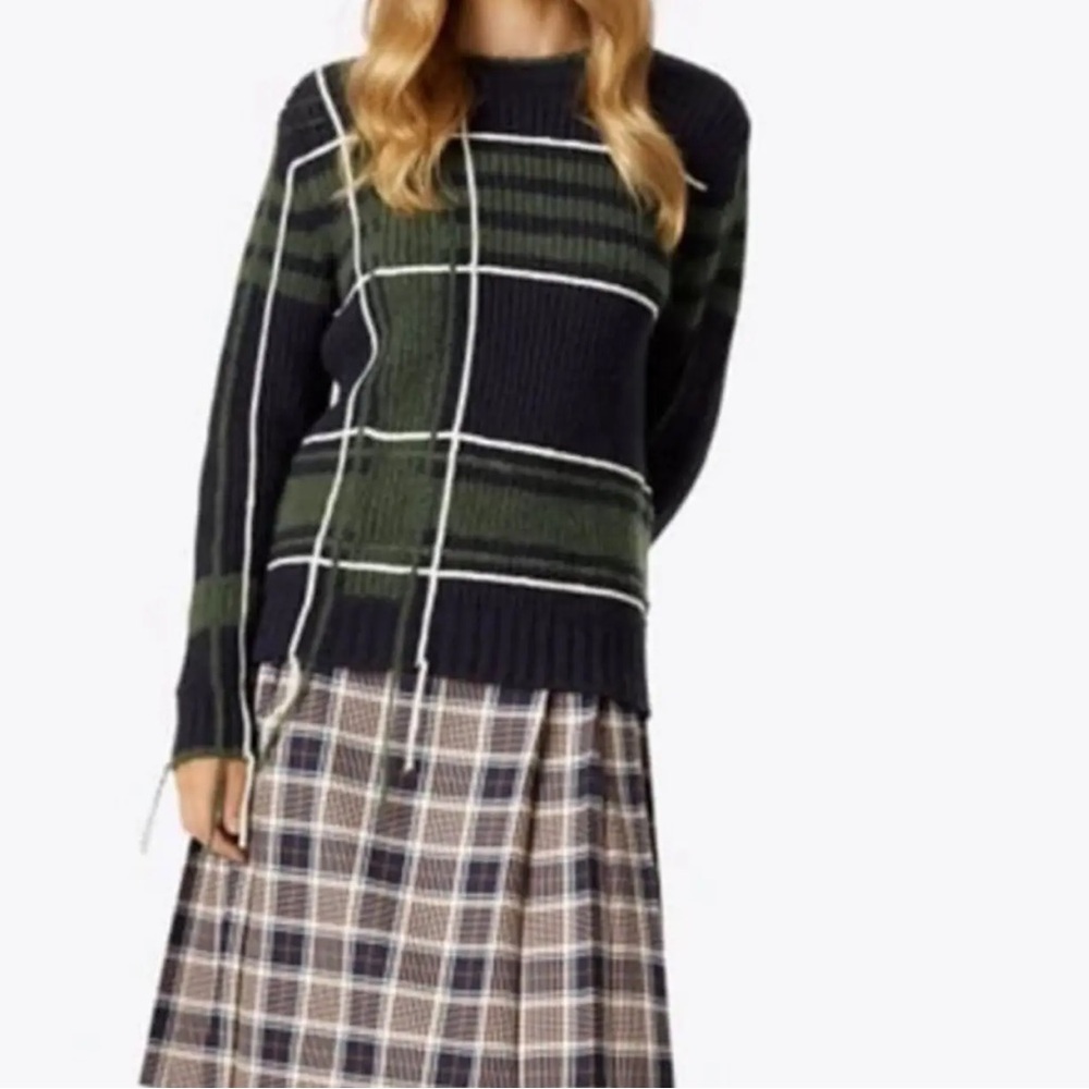 Tory Burch Eden‎ plaid green and blue wool blend Fuzzy Yarn-Trim Plaid Sweater